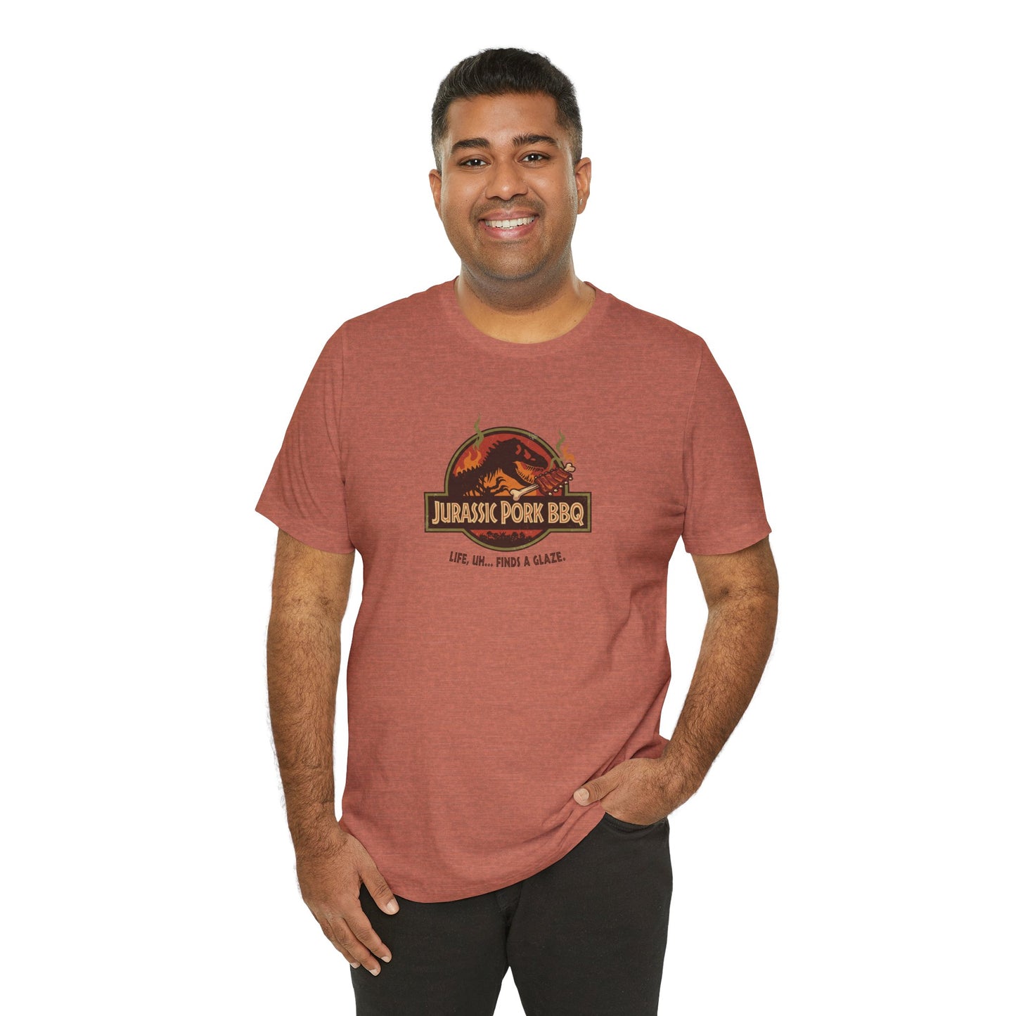 Jurassic Pork BBQ T-Shirt — Funny Dino Grilling Tee ("Jurassic Pork BBQ")