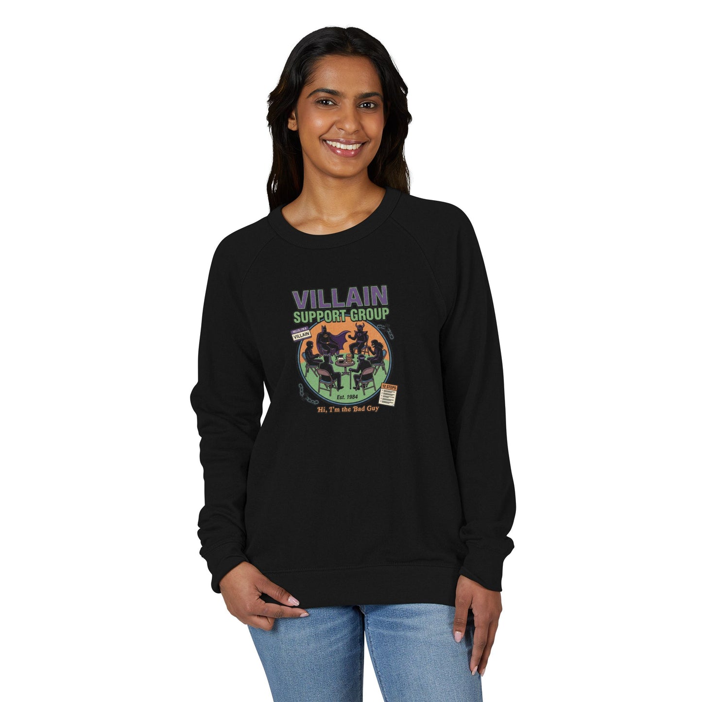 Villain Support Group Crewneck Sweatshirt – Retro Horror Comic Graphic