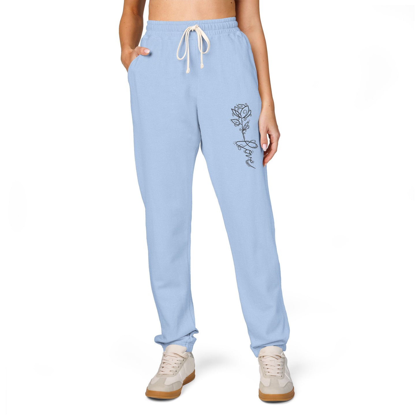 Rose Script Sweatpants — Garment-Dyed Fleece Joggers with Rose & "Love" Script