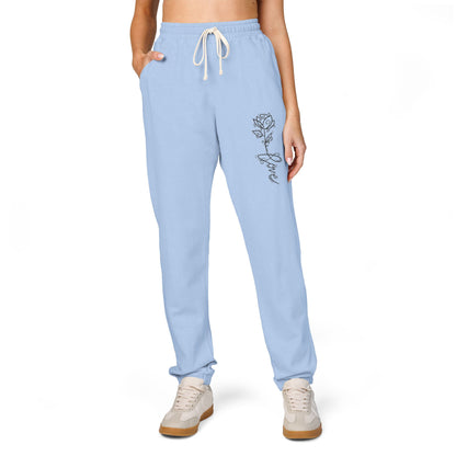 Rose Script Sweatpants — Garment-Dyed Fleece Joggers with Rose & "Love" Script