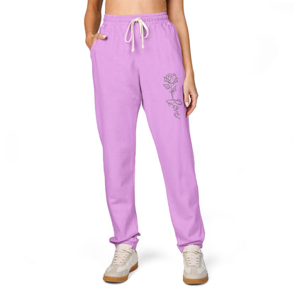 Rose Script Sweatpants — Garment-Dyed Fleece Joggers with Rose & "Love" Script