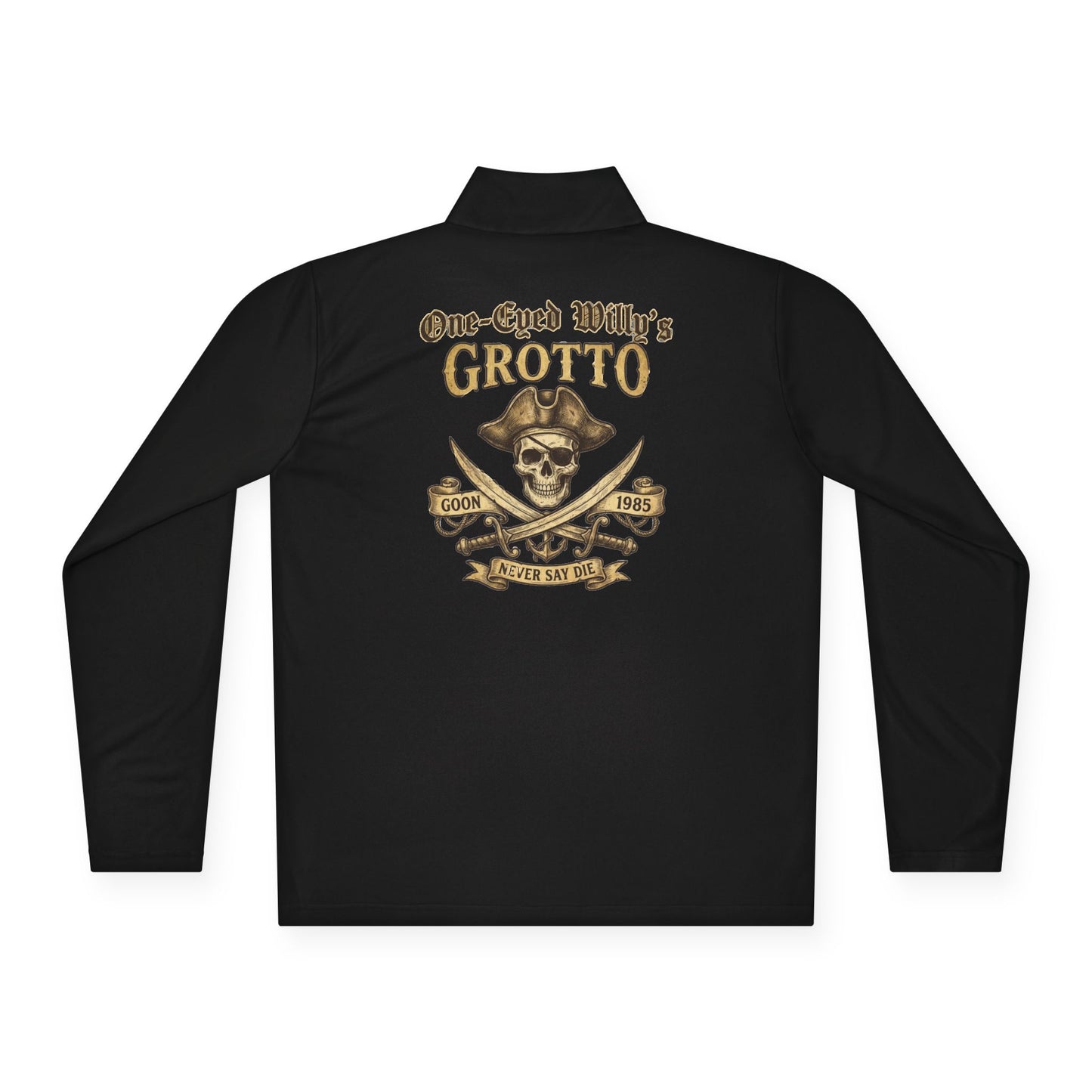 Quarter-Zip Pullover — "One-Eyed Willy's Grotto" Pirate Skull Fishing Pullover