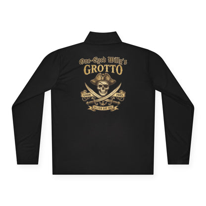 Quarter-Zip Pullover — "One-Eyed Willy's Grotto" Pirate Skull Fishing Pullover