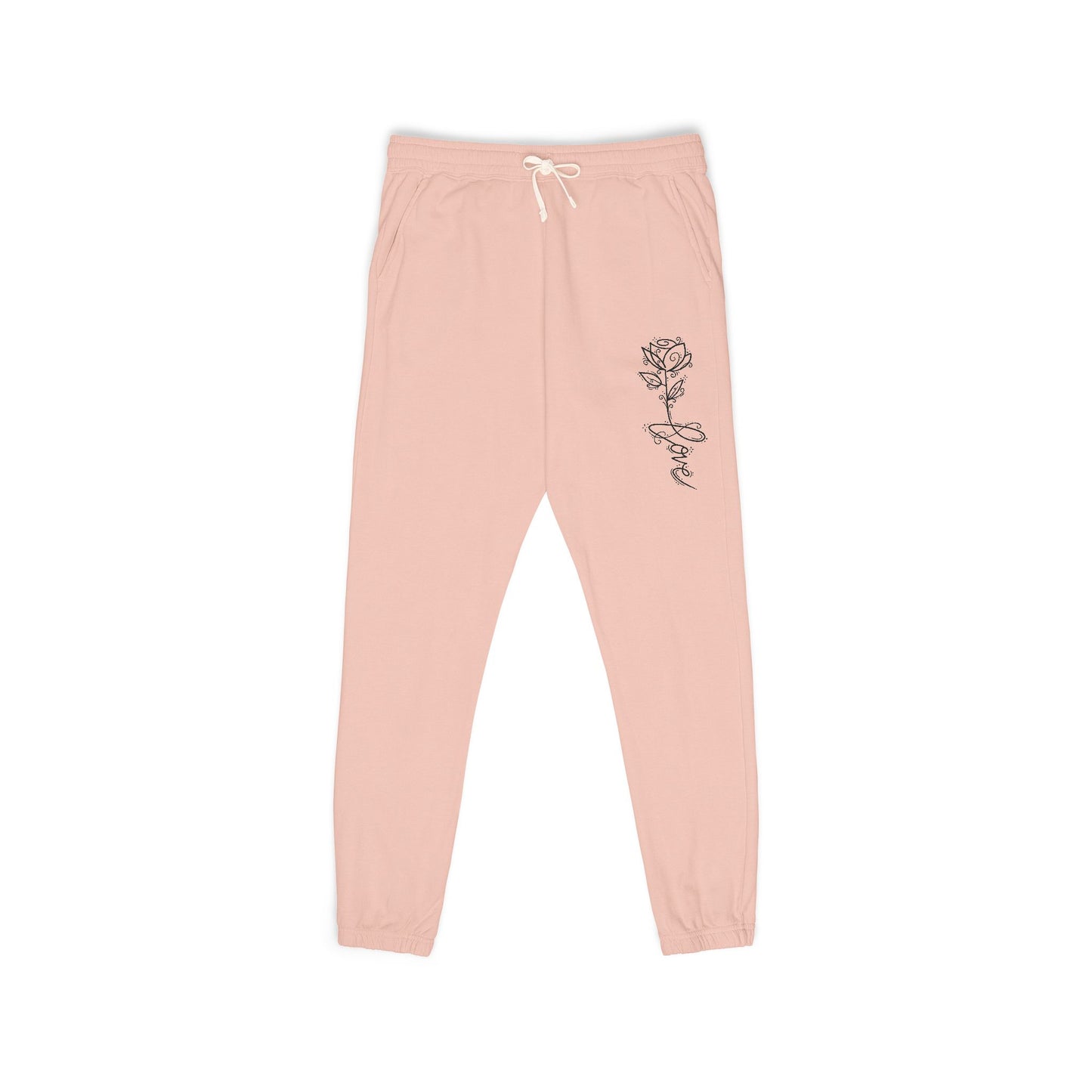 Rose Script Sweatpants — Garment-Dyed Fleece Joggers with Rose & "Love" Script