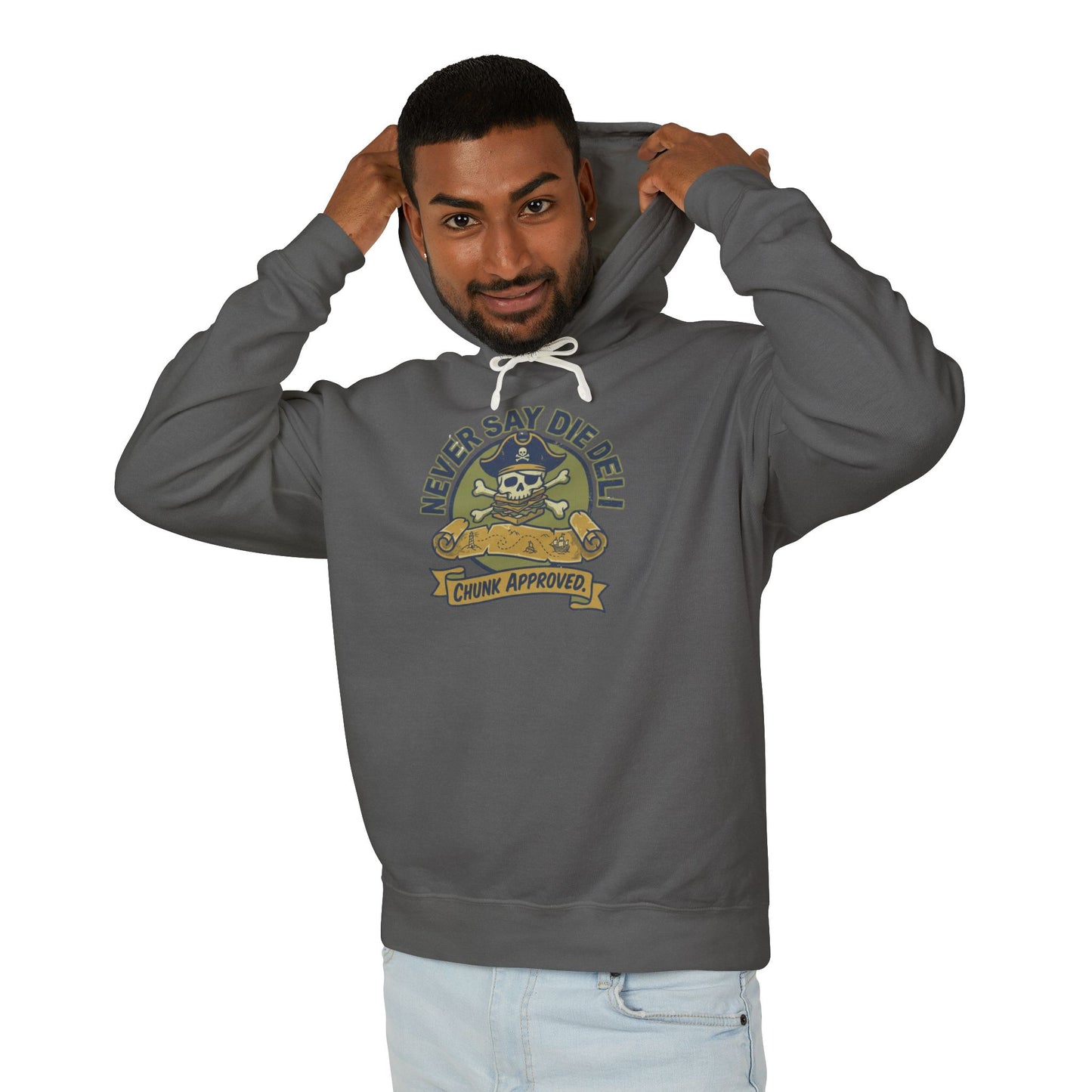 Never Say Die Deli Pullover Hoodie — Vintage Goonies-Inspired Hooded Sweatshirt