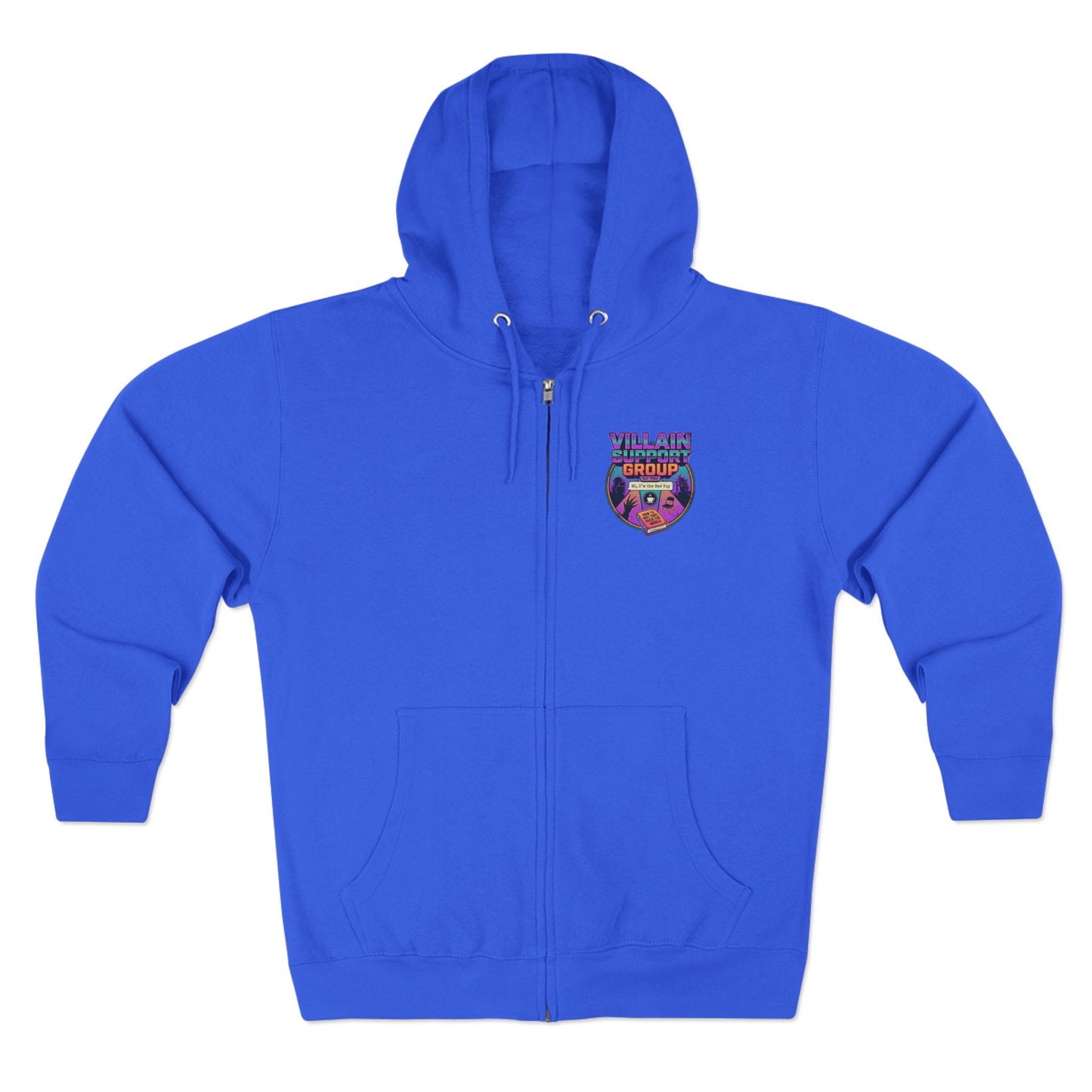 Villain Support Group Zip Hoodie — Retro Comic Supervillain Graphic