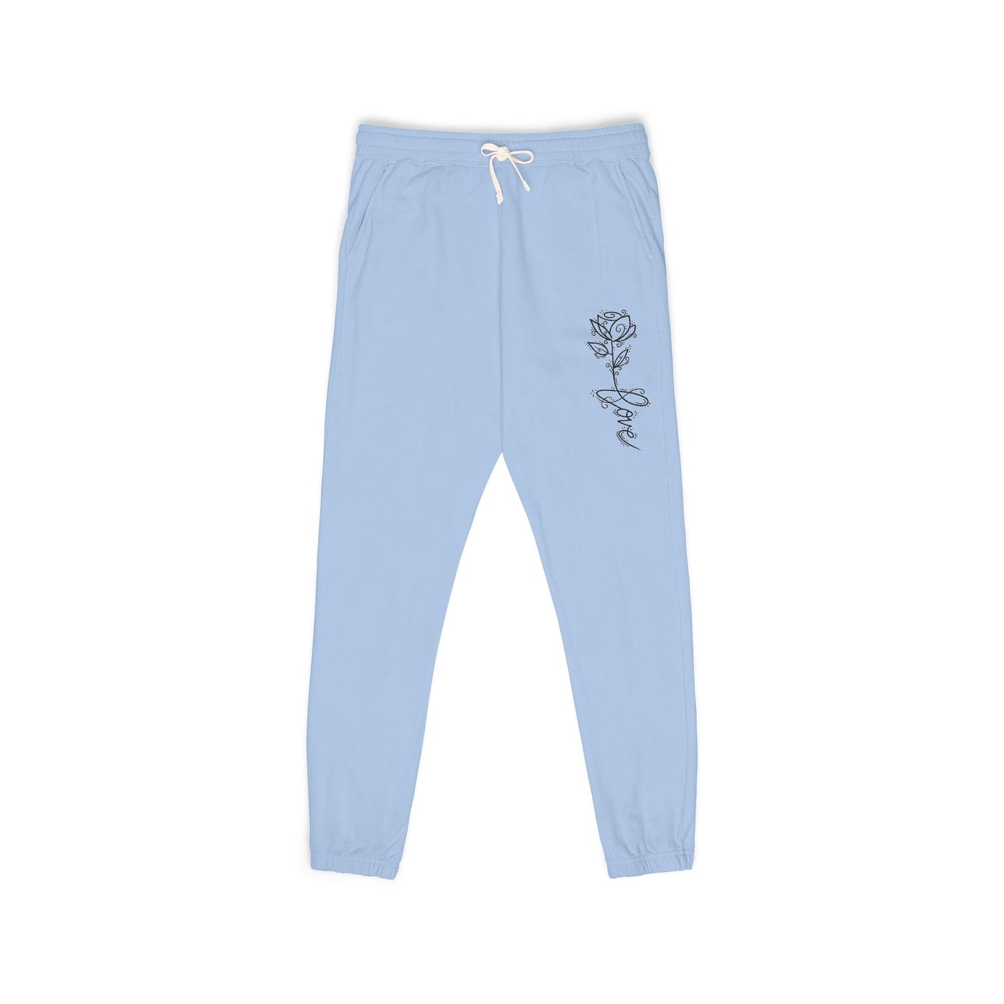Rose Script Sweatpants — Garment-Dyed Fleece Joggers with Rose & "Love" Script