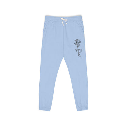 Rose Script Sweatpants — Garment-Dyed Fleece Joggers with Rose & "Love" Script
