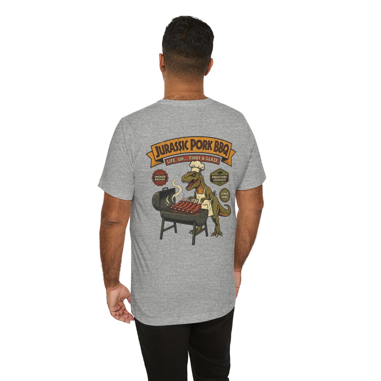 Jurassic Pork BBQ T-Shirt — Funny Dino Grilling Tee ("Jurassic Pork BBQ")