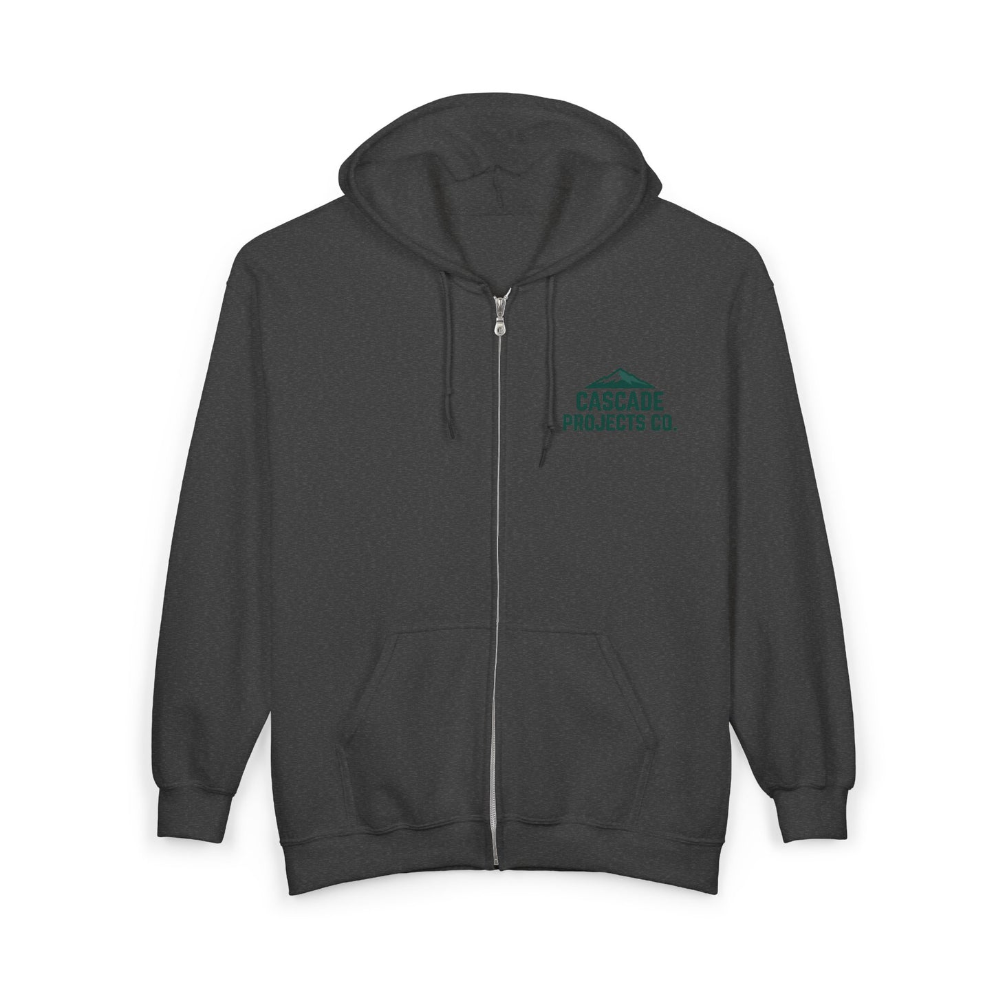 Cascade Projects Co. Zip Hoodie — Mountain Logo Full-Zip Sweatshirt