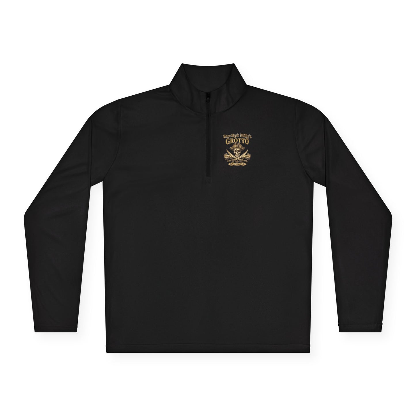 Quarter-Zip Pullover — "One-Eyed Willy's Grotto" Pirate Skull Fishing Pullover