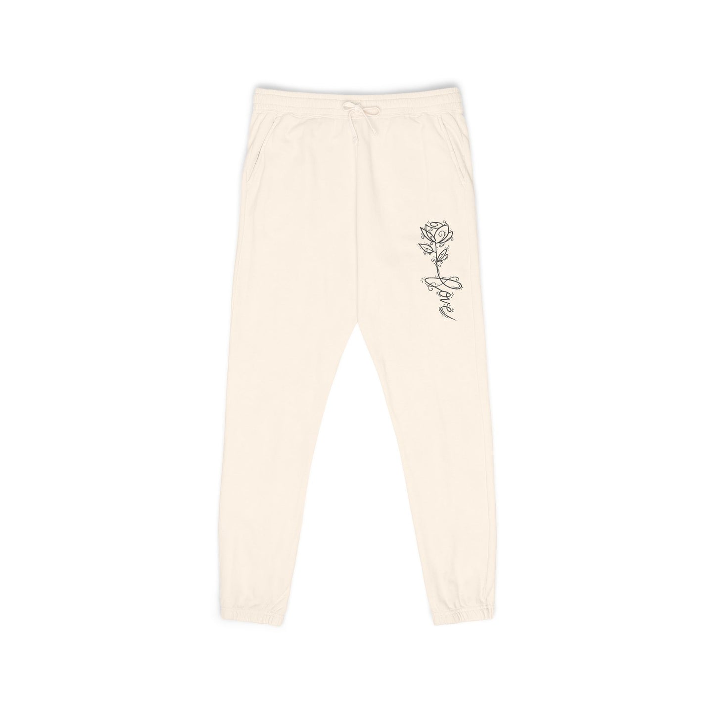 Rose Script Sweatpants — Garment-Dyed Fleece Joggers with Rose & "Love" Script