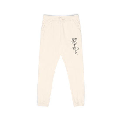 Rose Script Sweatpants — Garment-Dyed Fleece Joggers with Rose & "Love" Script