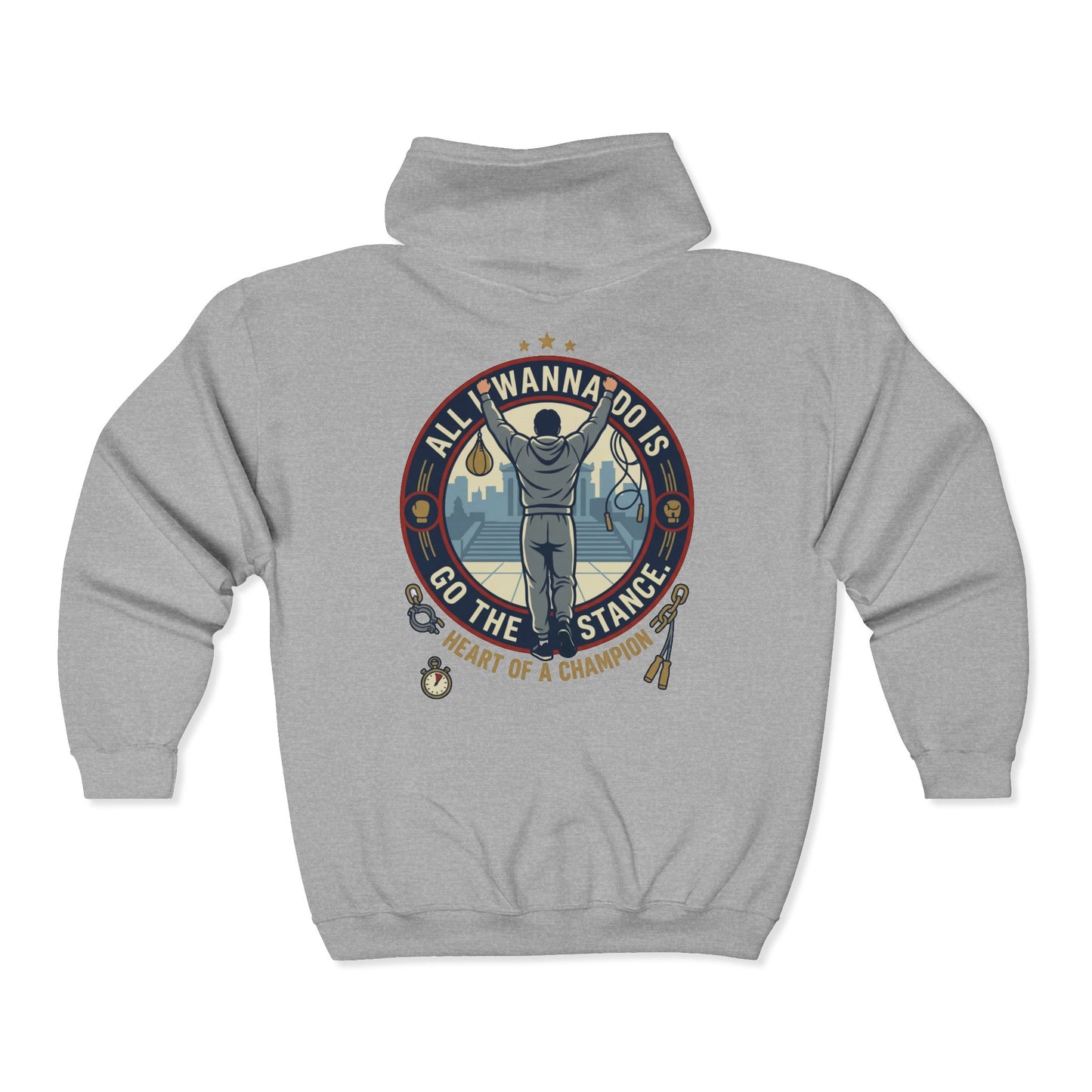 "Go The Distance" Underdog Montage Full-Zip Hoodie — Retro 90's Rocky-Inspired Fitness Hoodie