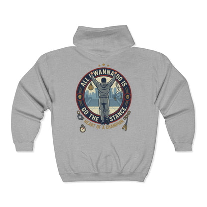 "Go The Distance" Underdog Montage Full-Zip Hoodie — Retro 90's Rocky-Inspired Fitness Hoodie