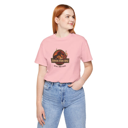 Jurassic Pork BBQ T-Shirt — Funny Dino Grilling Tee ("Jurassic Pork BBQ")