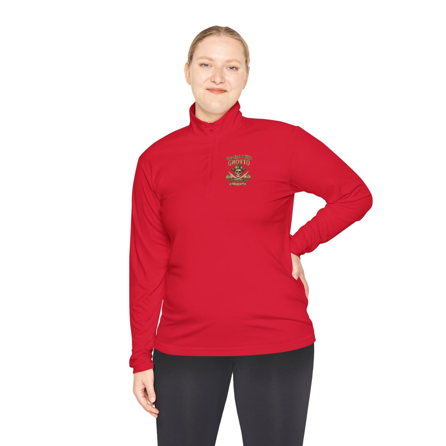 Quarter-Zip Pullover — "One-Eyed Willy's Grotto" Pirate Skull Fishing Pullover