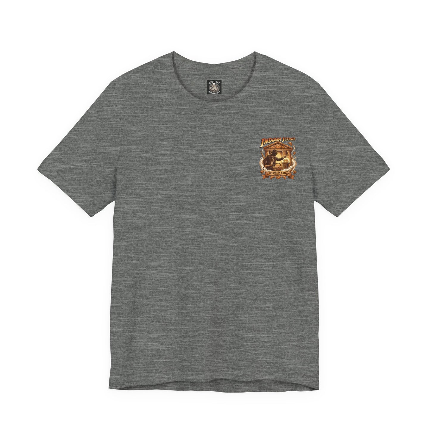 Indiana Scones Bakery Pop-Parody T‑Shirt — "It Belongs in a Bakery" Vintage 80's Adventure Bakery Tee