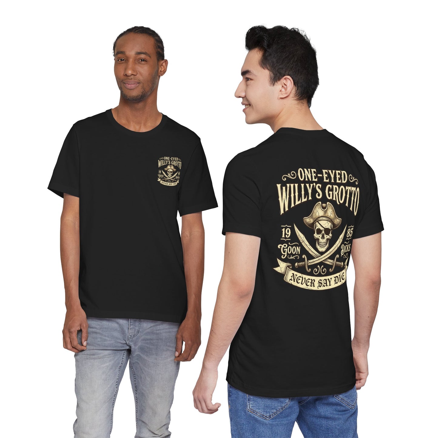 One-Eyed Willy's Grotto Pirate Skull Tee — Never Say Die Graphic T-Shirt