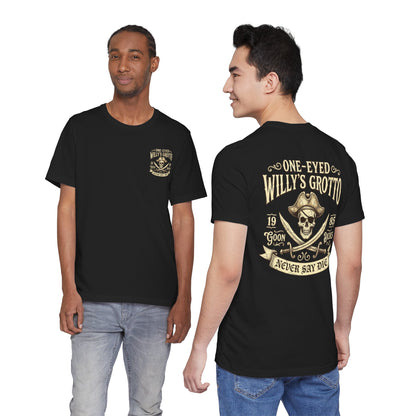One-Eyed Willy's Grotto Pirate Skull Tee — Never Say Die Graphic T-Shirt