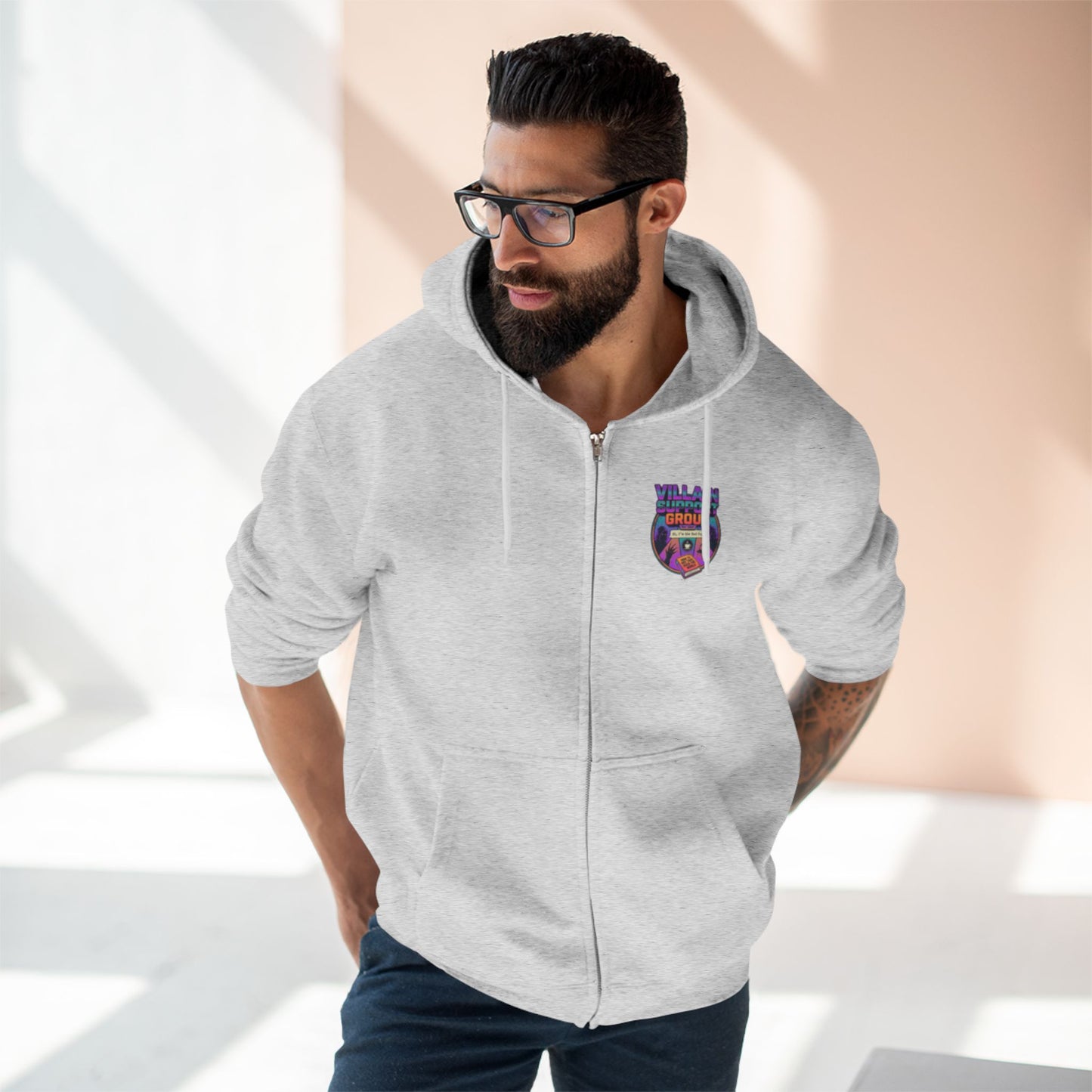 Villain Support Group Zip Hoodie — Retro Comic Supervillain Graphic
