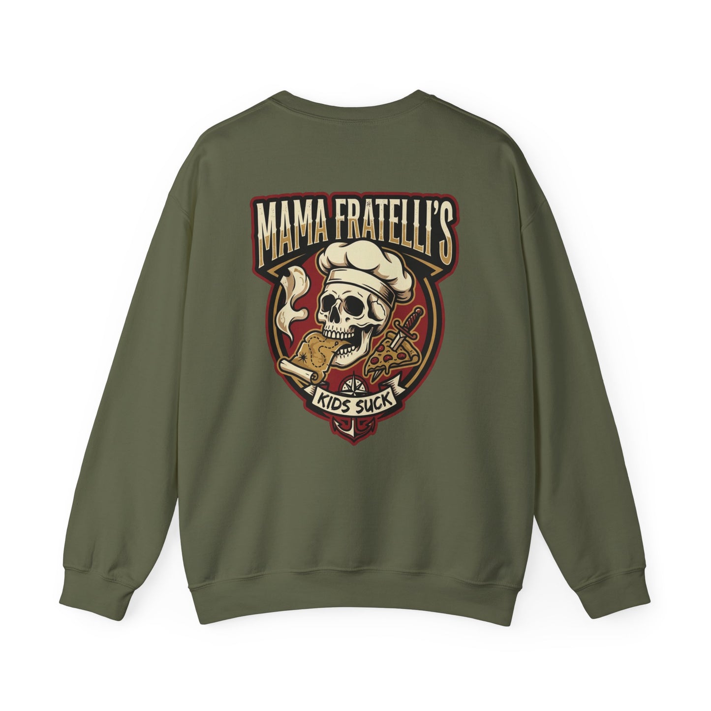 Mama Fratelli's Pizza Shoppe "By the Slice" Crewneck Sweatshirt - Kids Suck 80's Retro Graphic Crew