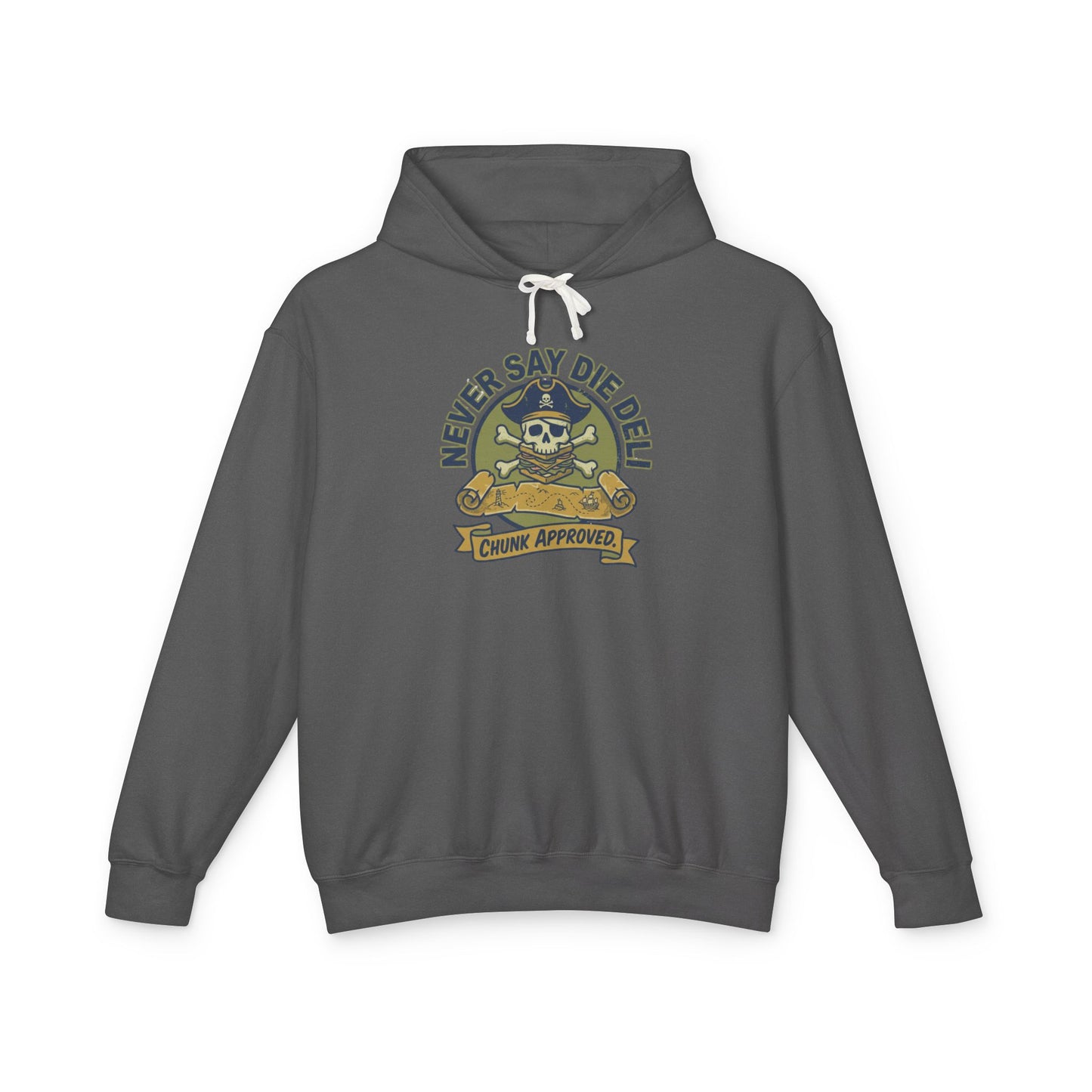 Never Say Die Deli Pullover Hoodie — Vintage Goonies-Inspired Hooded Sweatshirt