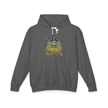 Never Say Die Deli Pullover Hoodie — Vintage Goonies-Inspired Hooded Sweatshirt