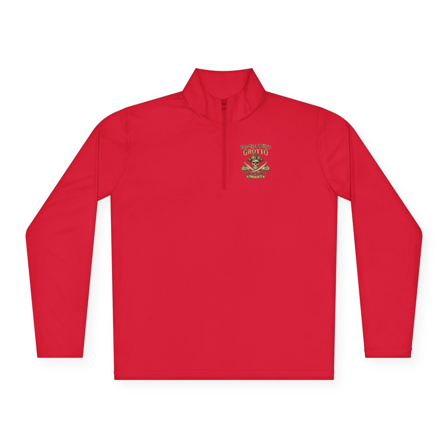Quarter-Zip Pullover — "One-Eyed Willy's Grotto" Pirate Skull Fishing Pullover