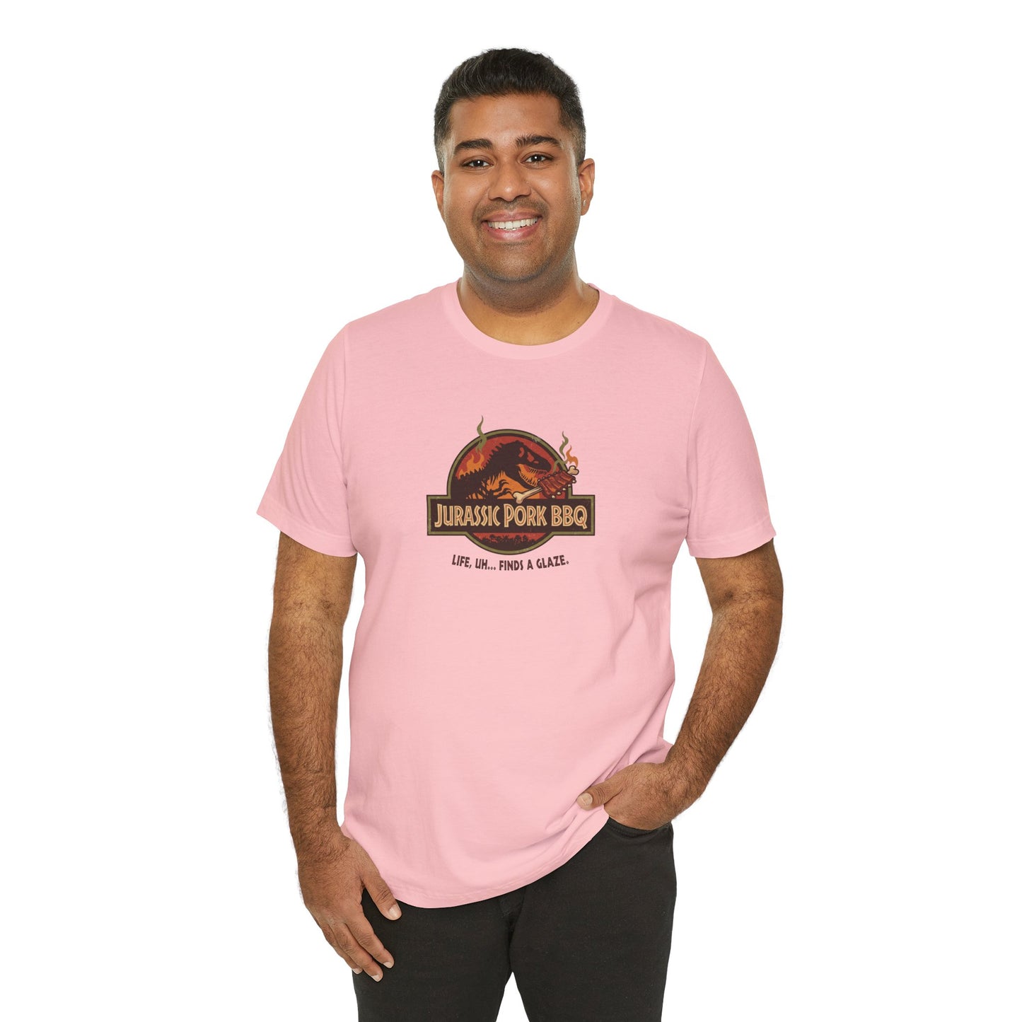 Jurassic Pork BBQ T-Shirt — Funny Dino Grilling Tee ("Jurassic Pork BBQ")