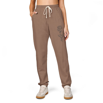 Rose Script Sweatpants — Garment-Dyed Fleece Joggers with Rose & "Love" Script