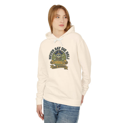 Never Say Die Deli Pullover Hoodie — Vintage Goonies-Inspired Hooded Sweatshirt