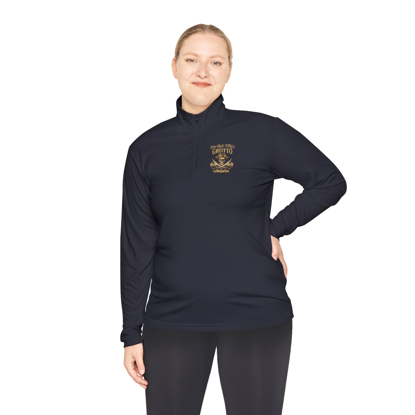 Quarter-Zip Pullover — "One-Eyed Willy's Grotto" Pirate Skull Fishing Pullover