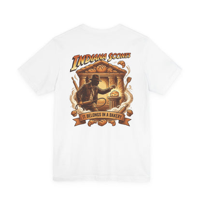 Indiana Scones Bakery Pop-Parody T‑Shirt — "It Belongs in a Bakery" Vintage 80's Adventure Bakery Tee