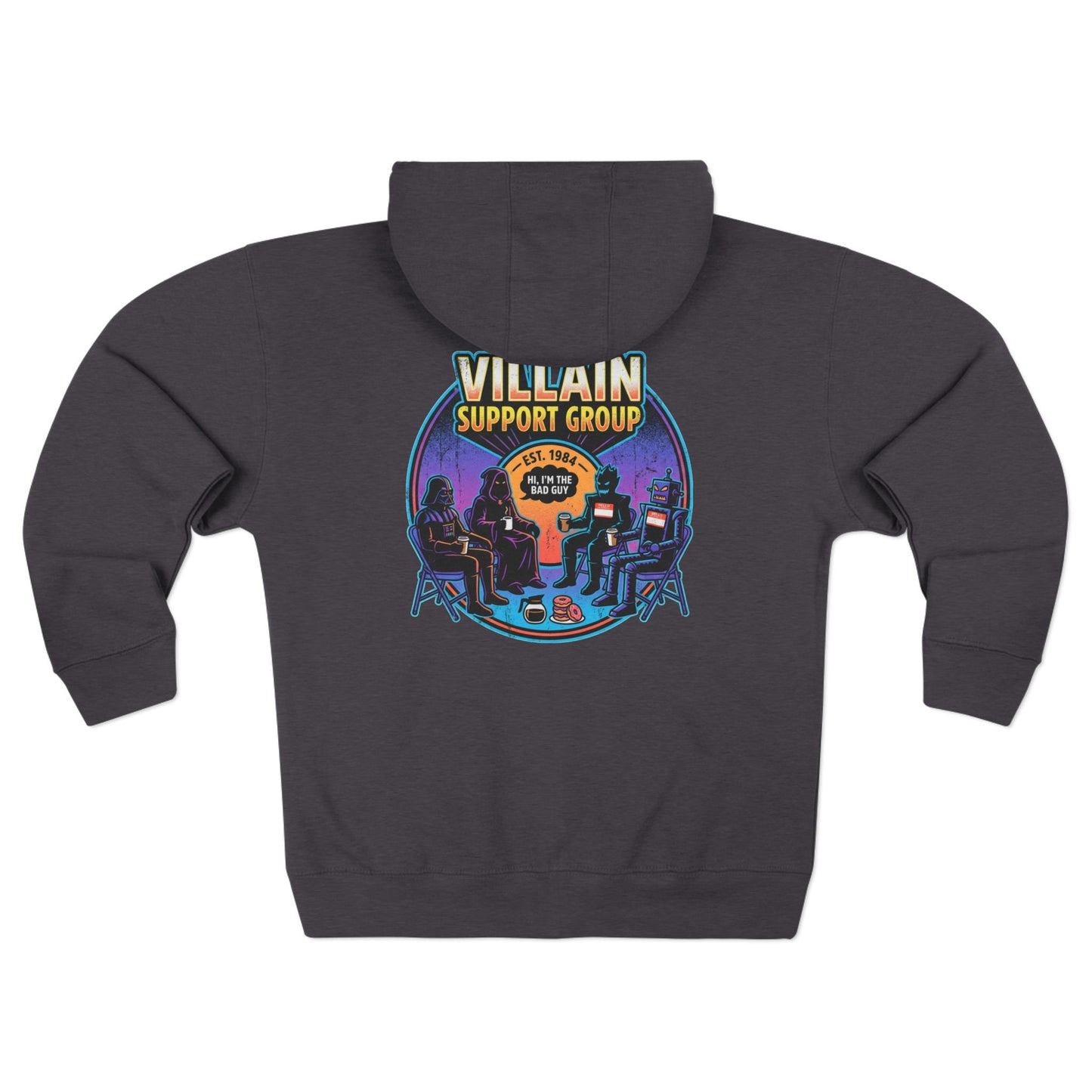 Villain Support Group Zip Hoodie — Retro Comic Supervillain Graphic