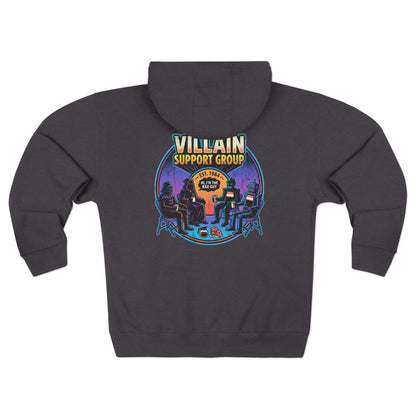 Villain Support Group Zip Hoodie — Retro Comic Supervillain Graphic