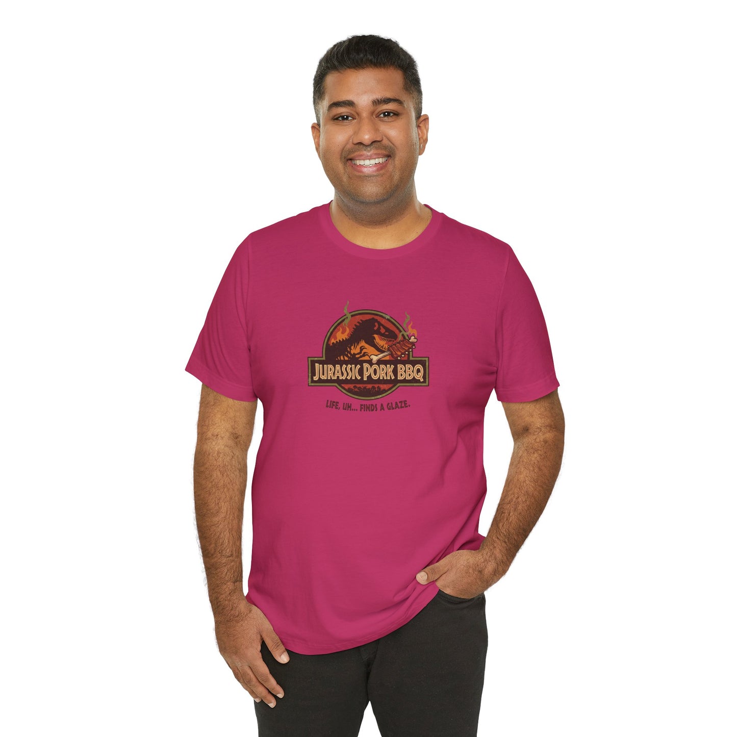 Jurassic Pork BBQ T-Shirt — Funny Dino Grilling Tee ("Jurassic Pork BBQ")