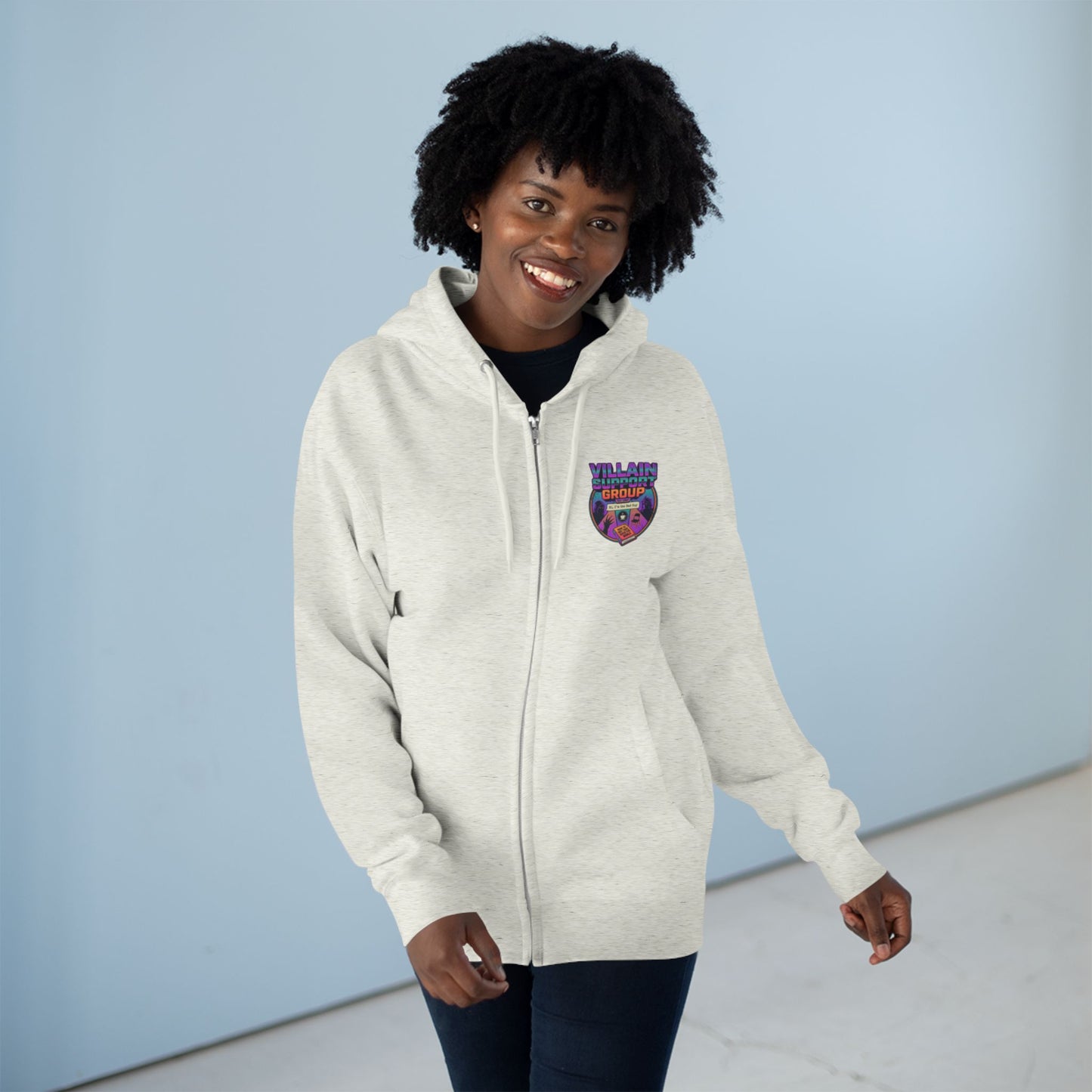 Villain Support Group Zip Hoodie — Retro Comic Supervillain Graphic