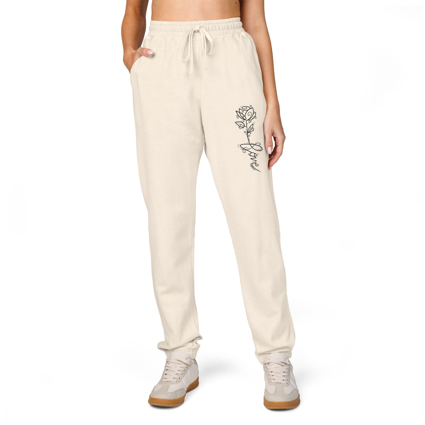 Rose Script Sweatpants — Garment-Dyed Fleece Joggers with Rose & "Love" Script