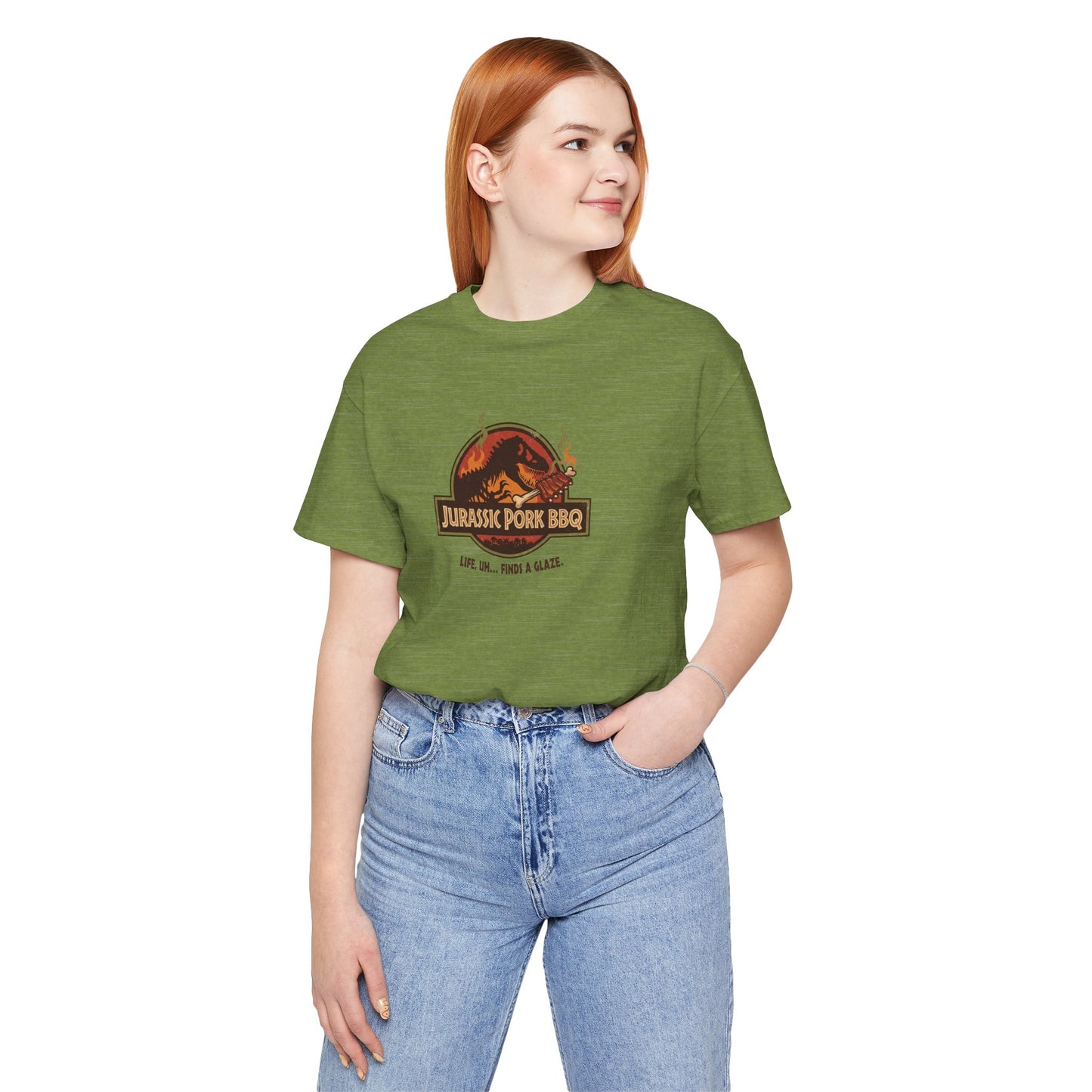 Jurassic Pork BBQ T-Shirt — Funny Dino Grilling Tee ("Jurassic Pork BBQ")