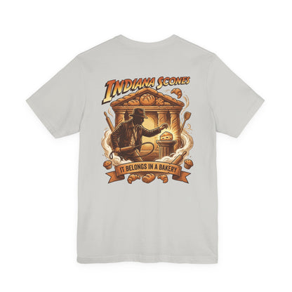 Indiana Scones Bakery Pop-Parody T‑Shirt — "It Belongs in a Bakery" Vintage 80's Adventure Bakery Tee