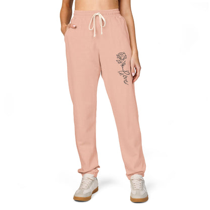 Rose Script Sweatpants — Garment-Dyed Fleece Joggers with Rose & "Love" Script