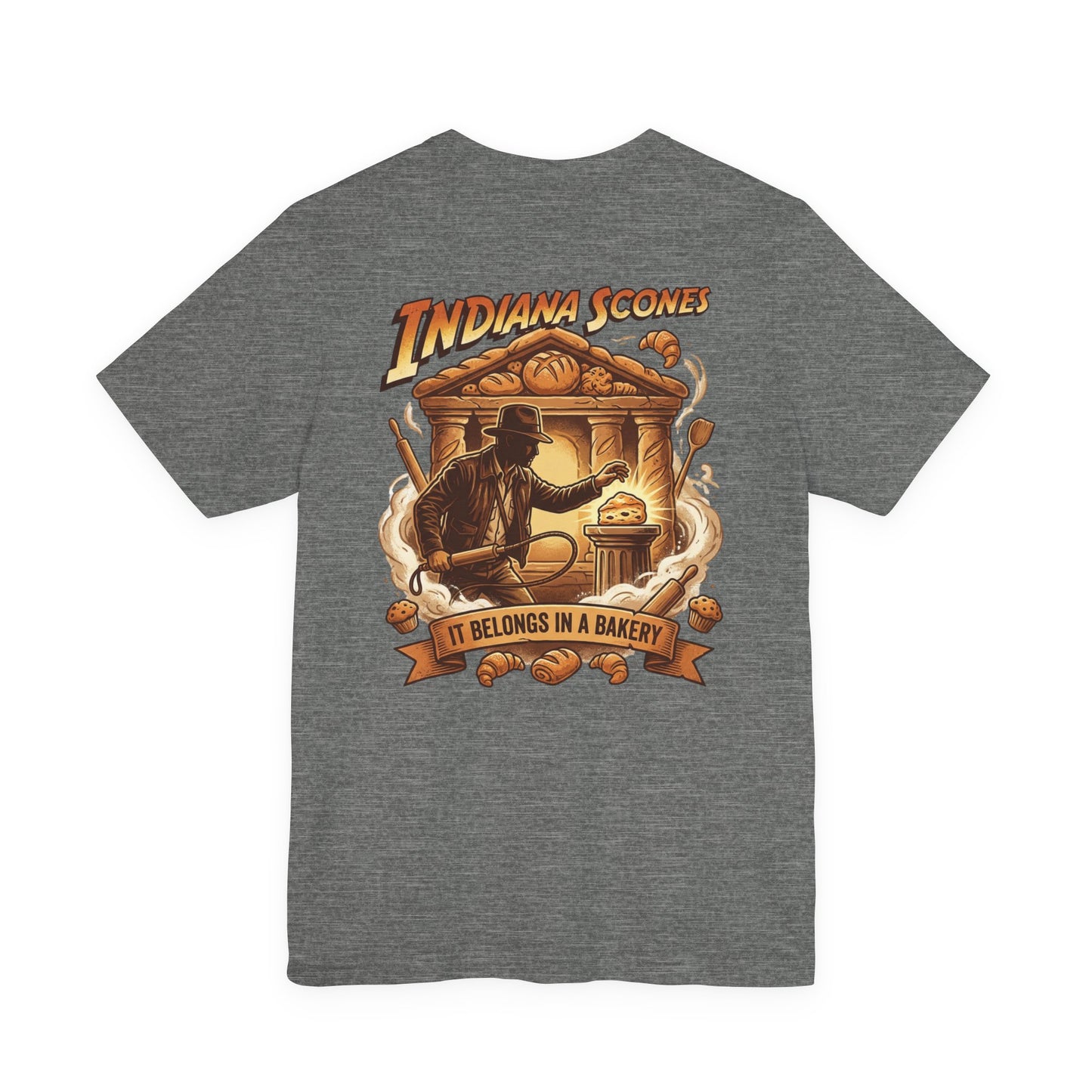 Indiana Scones Bakery Pop-Parody T‑Shirt — "It Belongs in a Bakery" Vintage 80's Adventure Bakery Tee