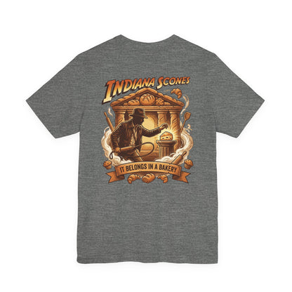 Indiana Scones Bakery Pop-Parody T‑Shirt — "It Belongs in a Bakery" Vintage 80's Adventure Bakery Tee