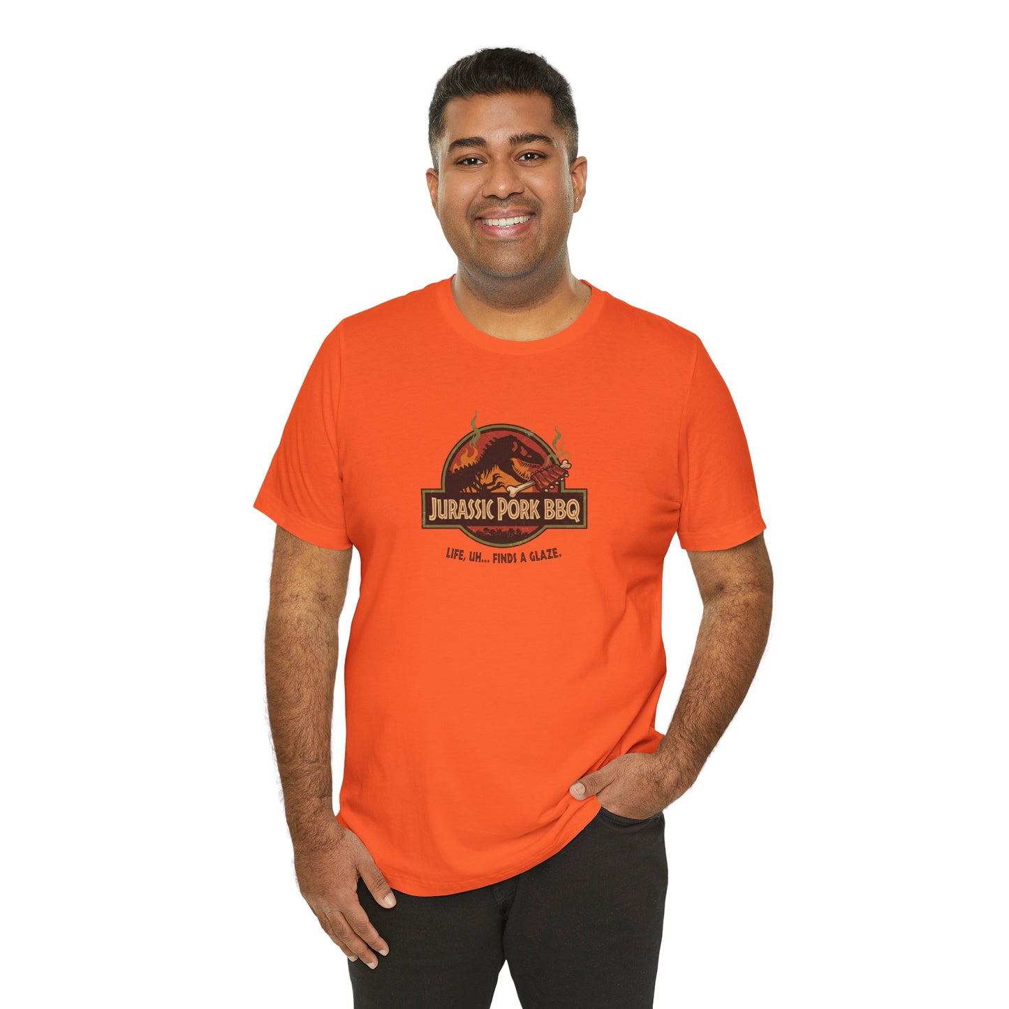 Jurassic Pork BBQ T-Shirt — Funny Dino Grilling Tee ("Jurassic Pork BBQ")