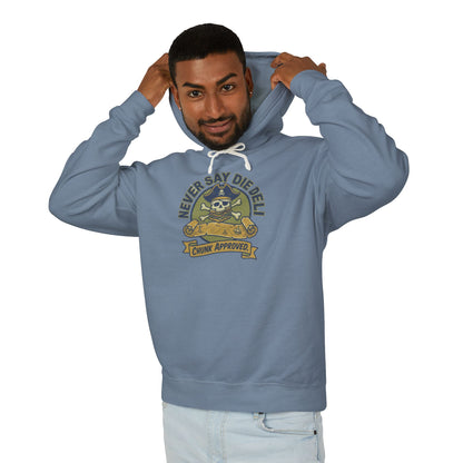 Never Say Die Deli Pullover Hoodie — Vintage Goonies-Inspired Hooded Sweatshirt