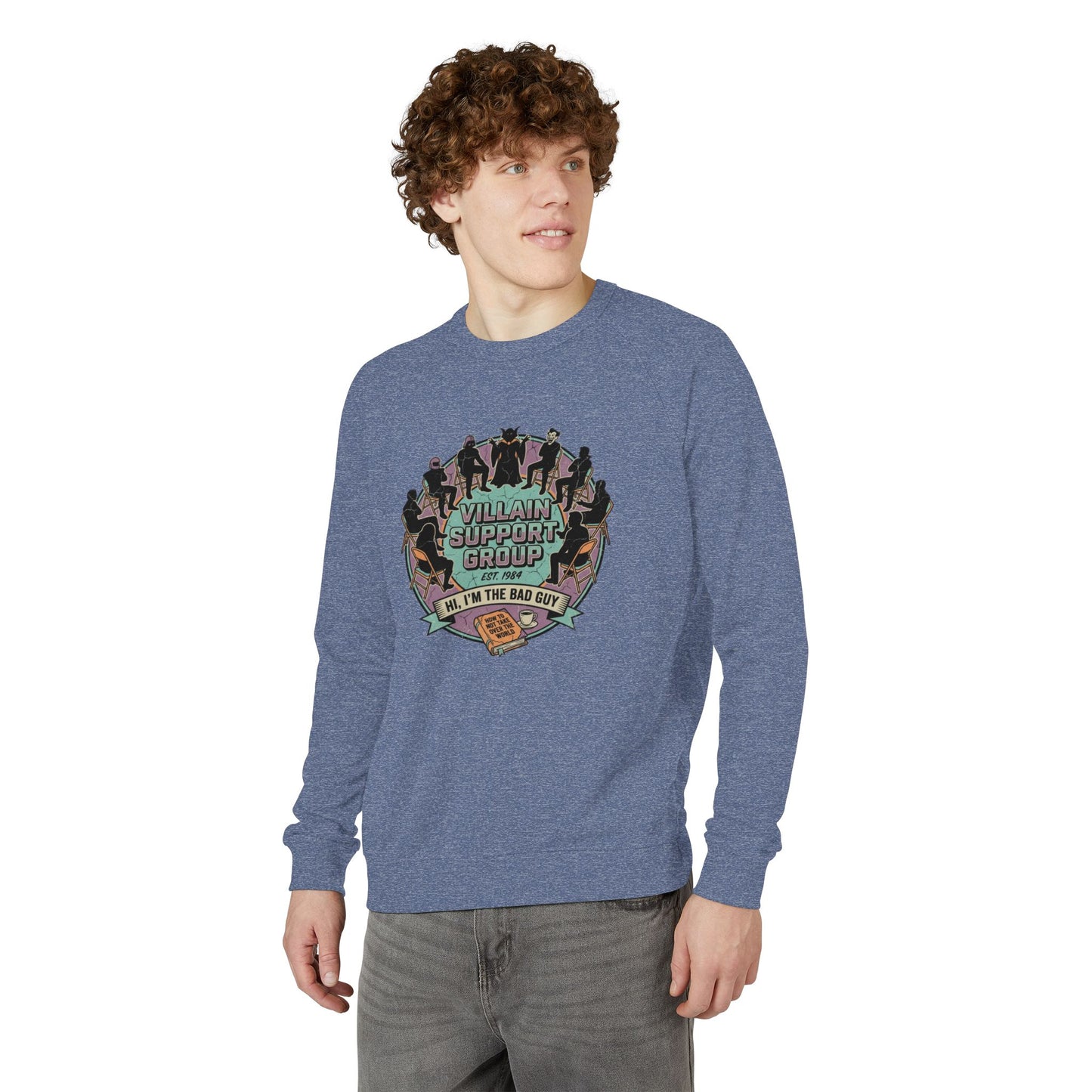 Villain Support Group Crewneck Sweatshirt — Fun Retro Graphic Pullover (We’re the Bad Guys)