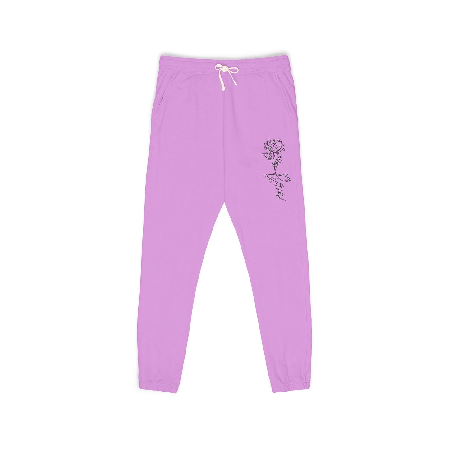 Rose Script Sweatpants — Garment-Dyed Fleece Joggers with Rose & "Love" Script