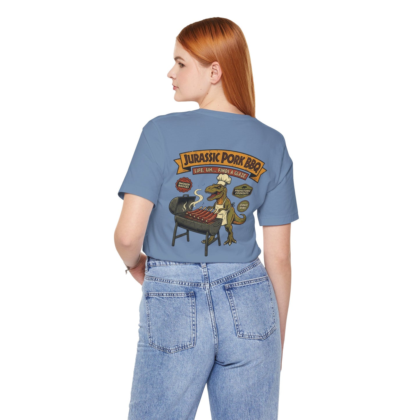 Jurassic Pork BBQ T-Shirt — Funny Dino Grilling Tee ("Jurassic Pork BBQ")