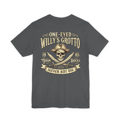One-Eyed Willy's Grotto Pirate Skull Tee — Never Say Die Graphic T-Shirt
